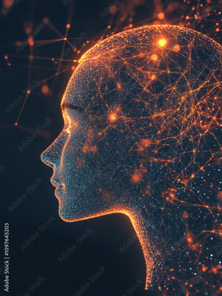Poster creative digital head outline on dark background. artificial intelligence and machine learning conce