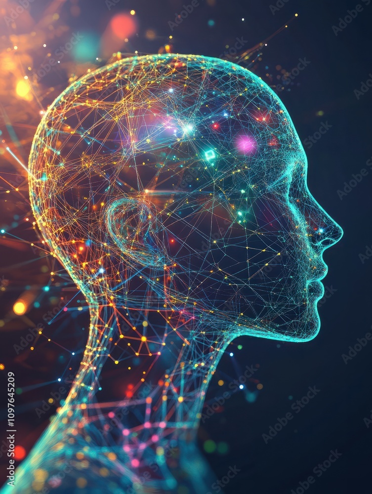 Poster creative digital head outline on dark background. artificial intelligence and machine learning conce