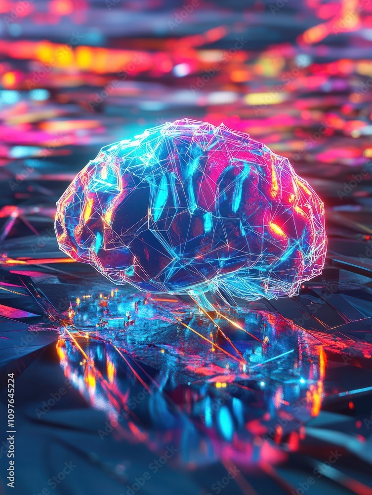Poster creative glowing brain with polygonal mesh on colorful tech background. artificial intelligence and 