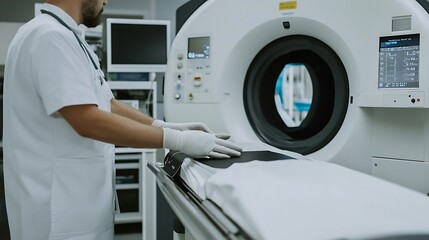 "Skilled Technician Operating a CT Scan Machine with Precision, Ensuring Accurate Imaging and Detailed Diagnostics for Enhanced Patient Care and Medical Analysis."
