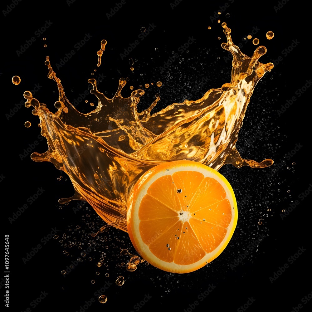 Poster a vibrant orange slice splashes into liquid, creating a dynamic and refreshing visual.