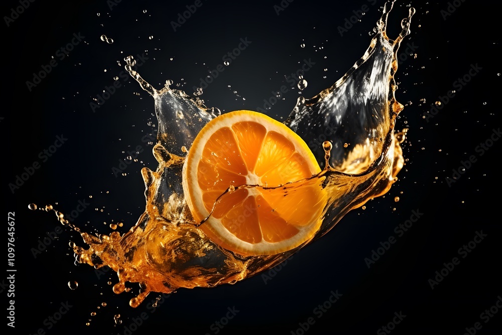 Poster a vibrant orange slice splashes into liquid, creating dynamic motion and energy.