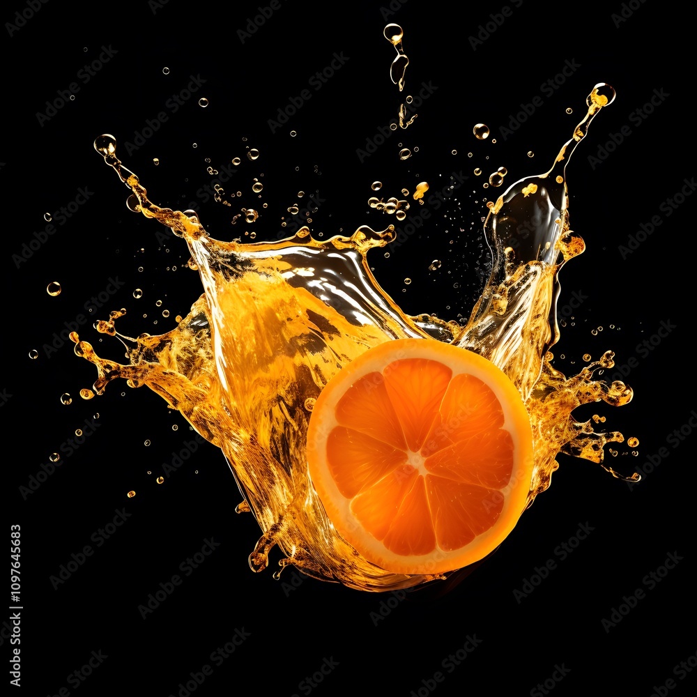 Poster a vibrant orange slice splashes into water, creating dynamic droplets against a black background.