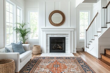 Cozy Living Room with Modern Decor Featuring a Stylish Area Rug, Elegant Fireplace, Indoor Plants, and Natural Light in a Bright, Inviting Space