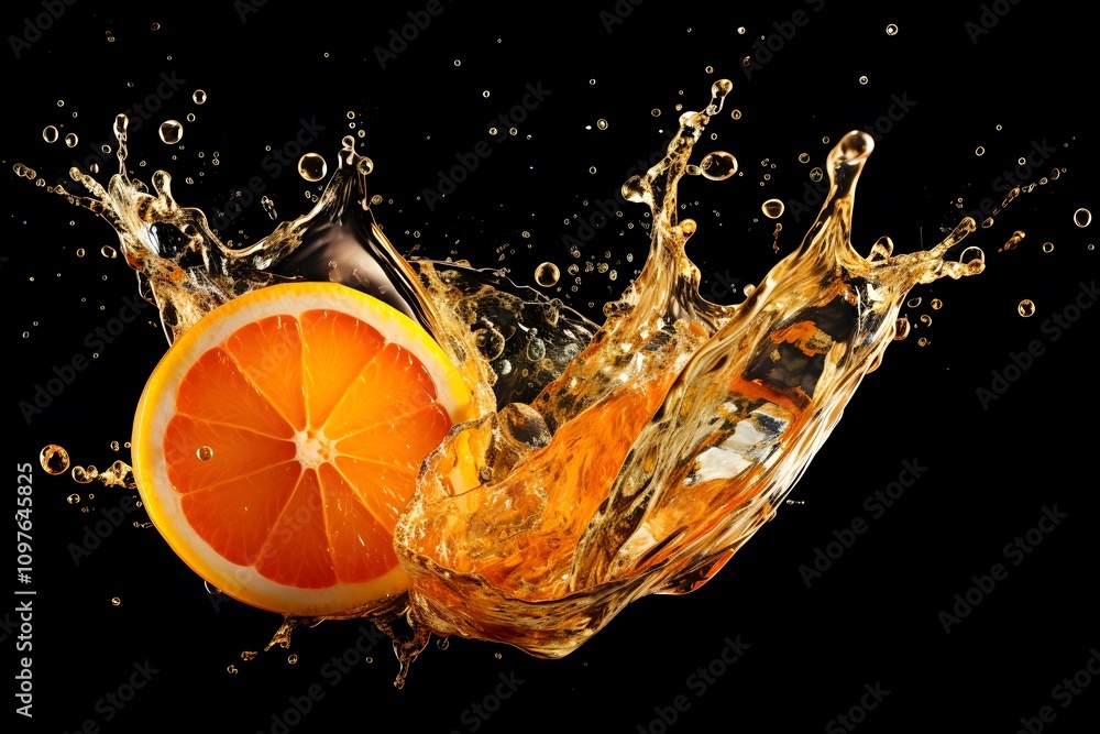 Poster a vibrant orange slice splashes into water, creating dynamic liquid motion.