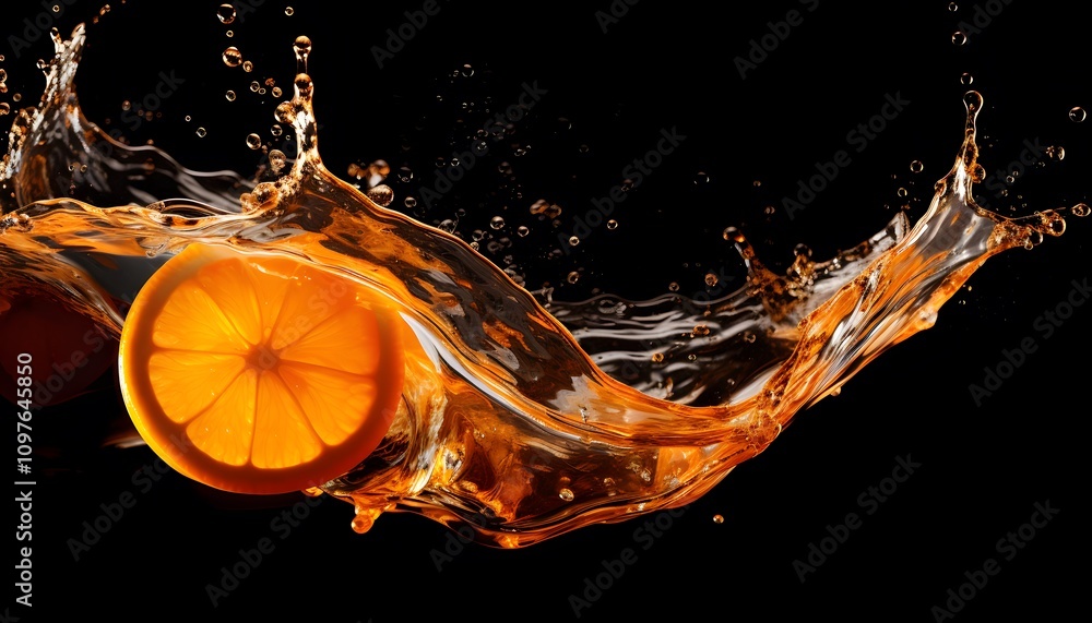 Poster a vibrant orange slice splashes into water, creating dynamic motion and vivid colors.