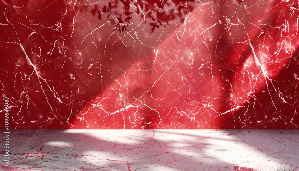 Poster a vibrant red marble background with intricate patterns and shadows.