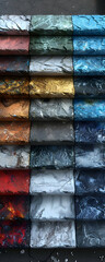Colorful textured material samples arranged in rows.