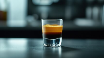 A layered espresso shot in a clear glass, showcasing rich colors and textures.