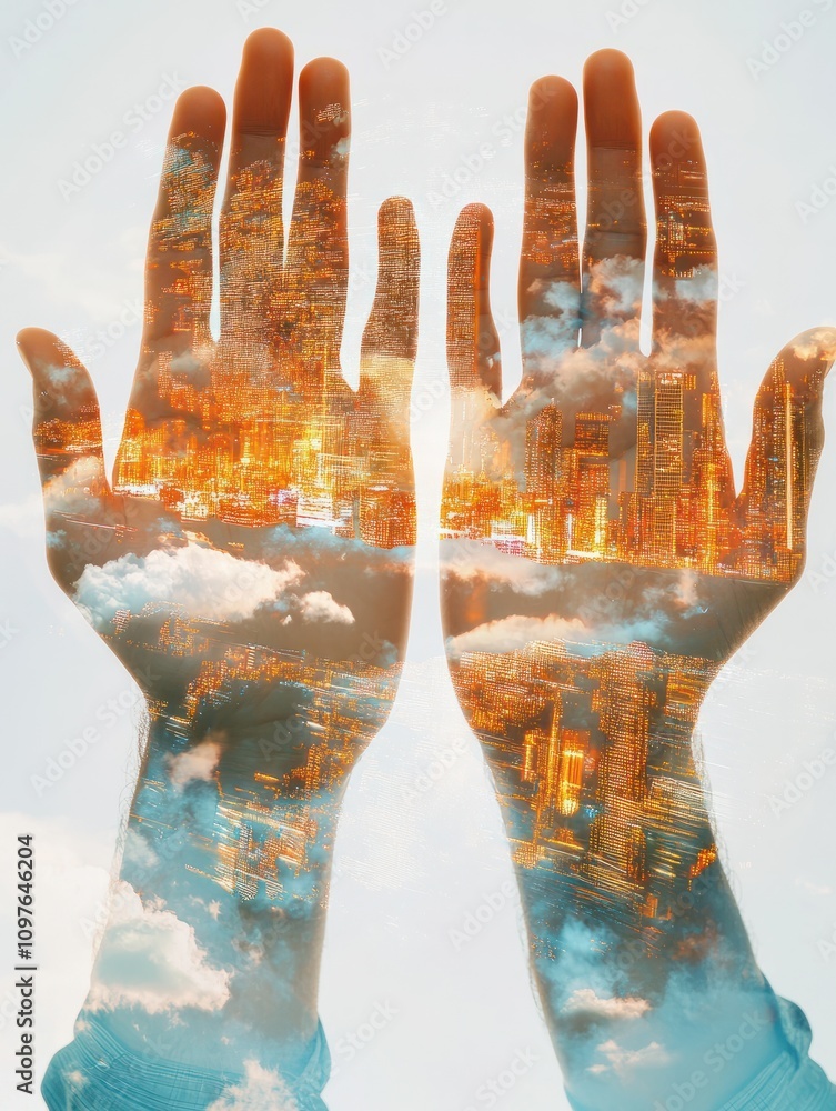 Aufkleber data exchange concept with virtual cloud service buttons over man palms. double exposure