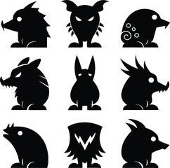 Fototapeta premium Black Silhouette Monsters Vector Art: Spooky Cartoon Creature Characters, Fantasy Graphic Design Elements for Halloween & Gaming