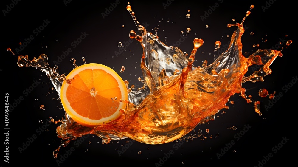 Poster a vibrant splash of orange juice with a slice creating dynamic movement and energy.
