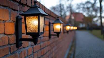 A cobblestone street elegantly lined with vintage lanterns glowing warmly at dusk, evoking a sense...