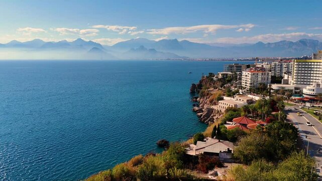 Aerial view of the stunning Rocky Mediterranean coastline of Antalya, Turkey. Featuring cliff-edge hotels, turquoise waters and majestic mountains shrouded in mist in the background.