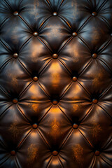 Fototapeta premium Dark brown leather upholstery with button tufting.