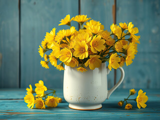 Vibrant mimosa blooms in a rustic white mug on a blue wooden surface, beauty, cheerful