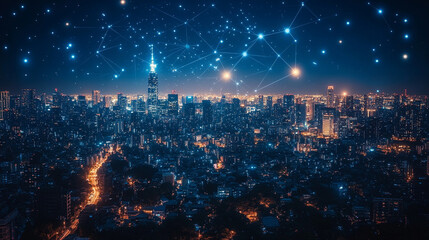 futuristic cityscape at night, featuring a glowing skyline enhanced with a digital mesh overlay, symbolizing technology, connectivity, and innovation in urban development

