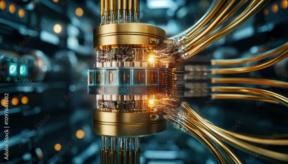 Aufkleber quantum computing education concept. a futuristic close-up of a quantum processor with glowing circu