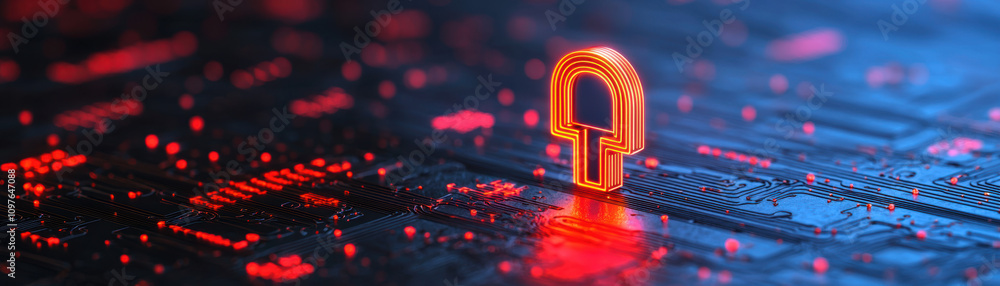 Poster quantum computing education concept. a glowing padlock symbol on a circuit board, representing cyber