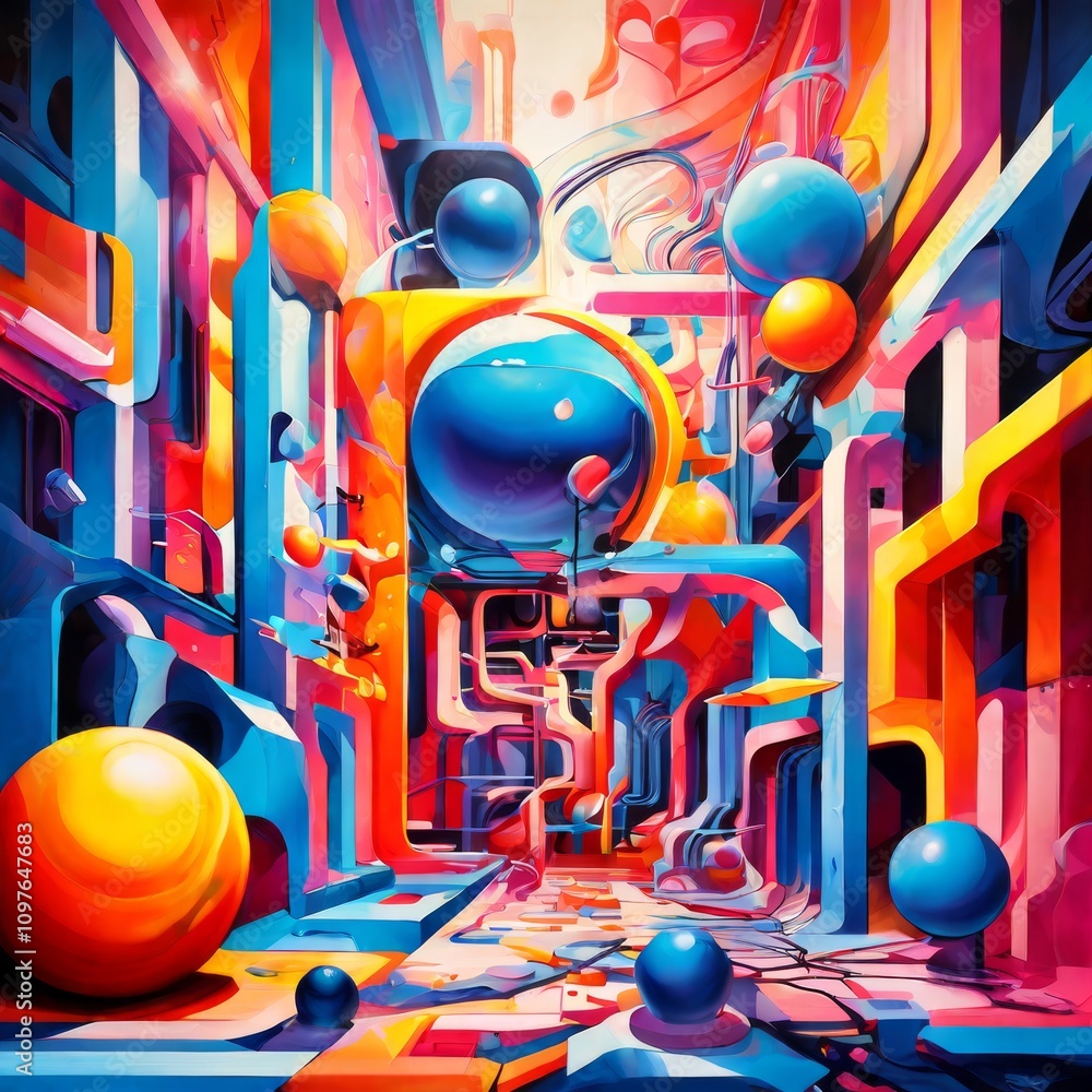 Poster a vivid abstract artwork featuring bold geometric shapes, interlocking patterns, and floating sphere