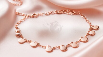 Fototapeta premium delicate chain bracelet with small charm pendants in rose gold, displayed on a light pink satin background