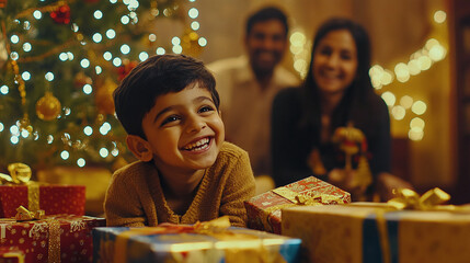 An indian boy opening gift boxes.