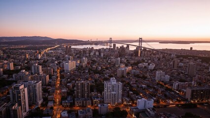 Fototapeta premium Generative AI, Golden Sunset Over a City and Suspension Bridge