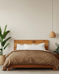 A cozy, minimalist bedroom featuring a wooden bed, neutral bedding, and indoor plants for a serene atmosphere.