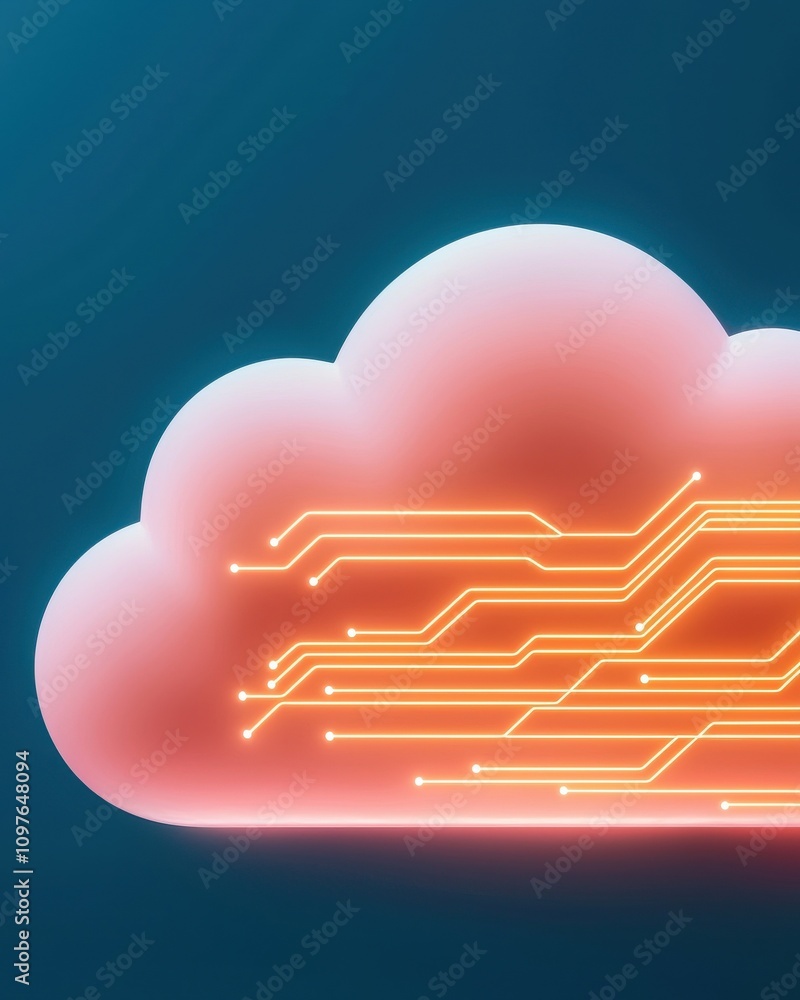 Poster a digital cloud with glowing circuitry symbolizes technology and data flow in a modern, abstract des
