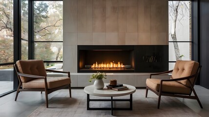 Fototapeta premium Cozy Fireplace in a Sleek Minimalist Lounge with Loveseat and Ceramic Tiles.