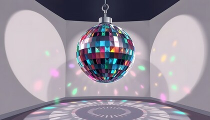 Obraz premium A_cartoonish_clipart_style_of_A_glittering_disco_ball,_roughly_two_feet_in_diameter,_hangs_from_the_ceiling,_its_mirrored_surface_reflecting Generative AI