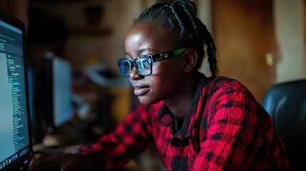 African blind person coding a website using voice-controlled software in Nairobi, Kenya