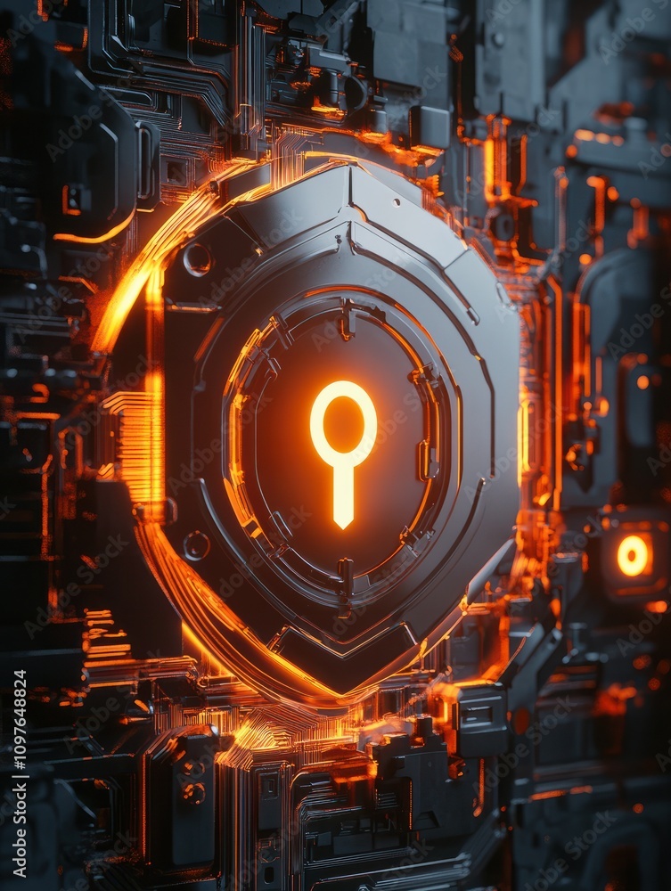 Poster global digital security protection concept with glowing digital shield with keyhole sign in technolo