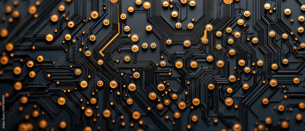 Poster a close-up view of a circuit board showcasing intricate pathways and metallic connections, highlight