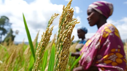 African heirloom rice farmers showcasing biodiversity in a vibrant farming village near Kigali, Rwanda