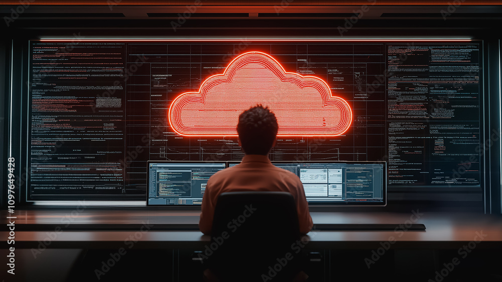 Poster a man is sitting in front of a computer monitor with a red cloud on it. concept of urgency and impor