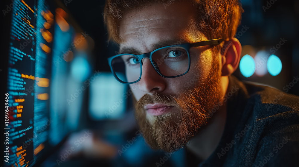 Poster a man with glasses and a beard is staring at a computer screen