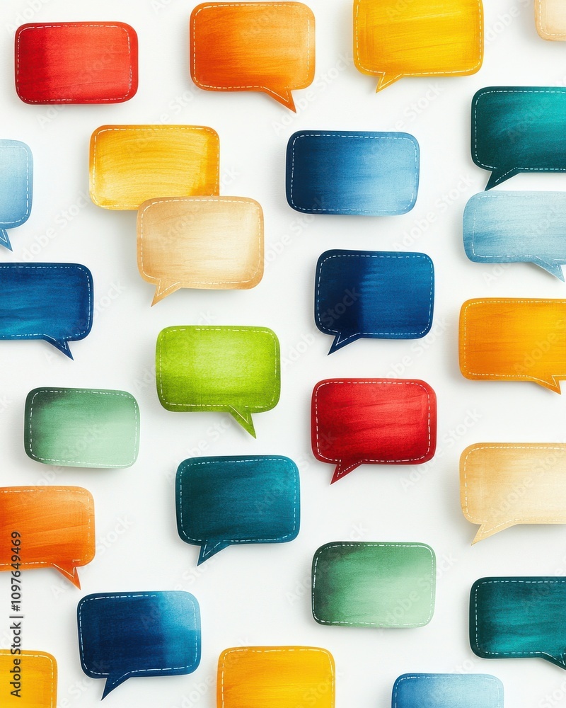Poster colorful speech bubbles in various shades create a vibrant, artistic pattern against a white backgro