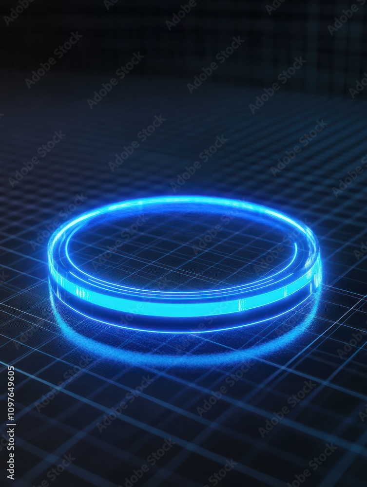 Poster glowing round digital blue interface on dark grid background with mock up place. hud, innovation, di