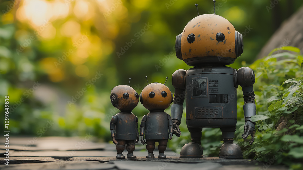 Poster three robots are standing in a field of green grass. the robots are small and appear to be old. the 