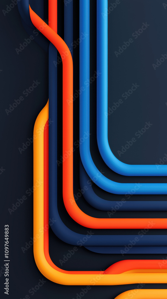 Aufkleber a vibrant abstract design featuring colorful, curved lines in blue, orange, and red against a dark b