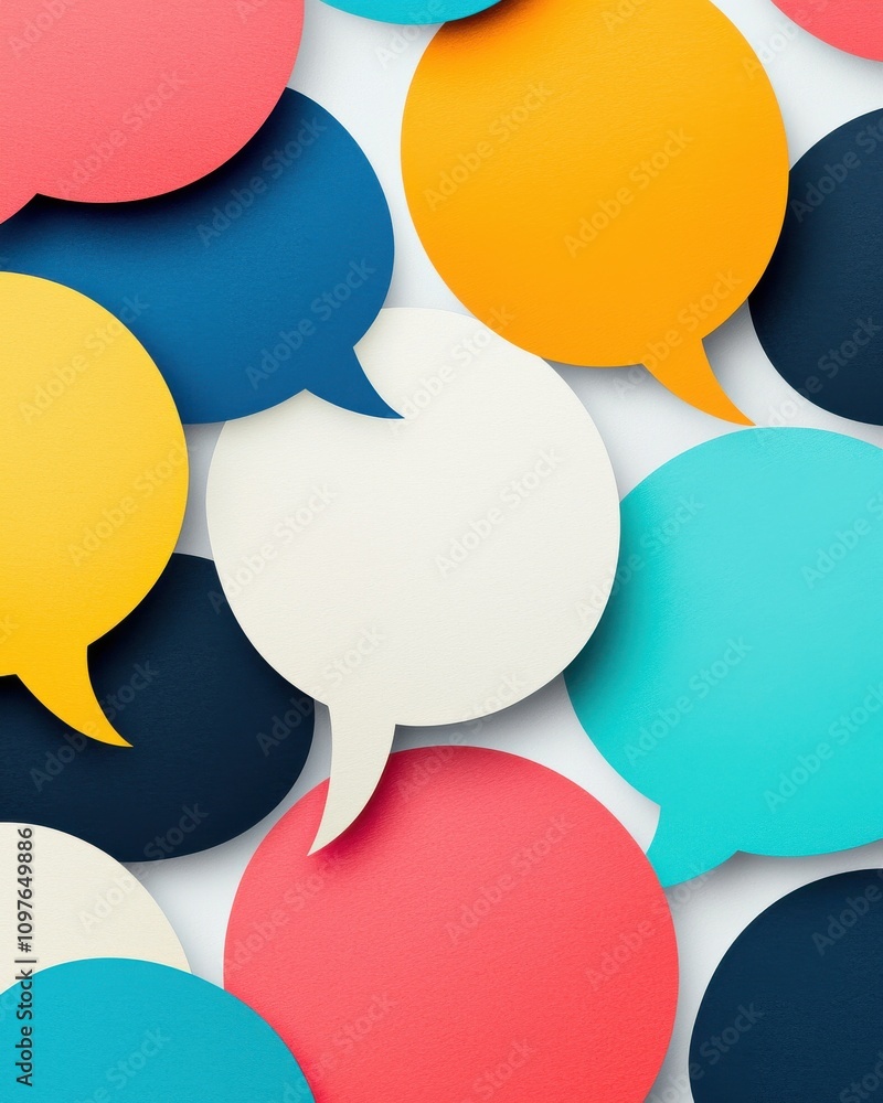 Poster colorful speech bubbles in various sizes and shapes, layered over a white background, creating a vib