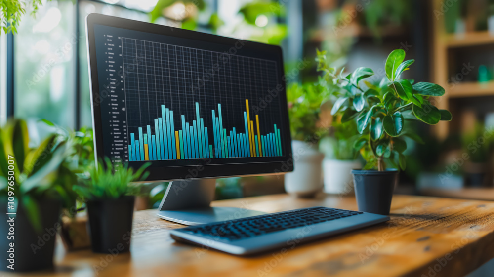 Poster a computer monitor with a graph on it sits on a desk next to potted plants. the plants are green and