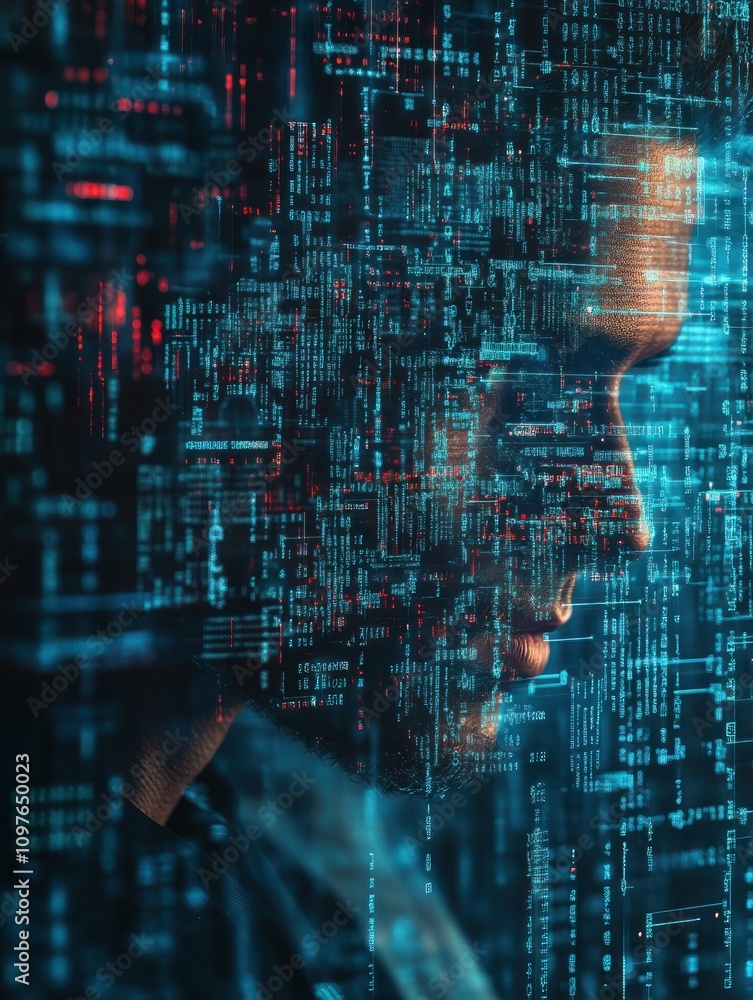 Poster hacker collects data about business people through neural networks. web safety and cyberspace concep