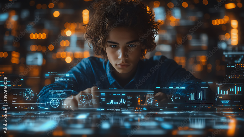 Poster a young man is looking at a computer screen with a lot of numbers and graphs