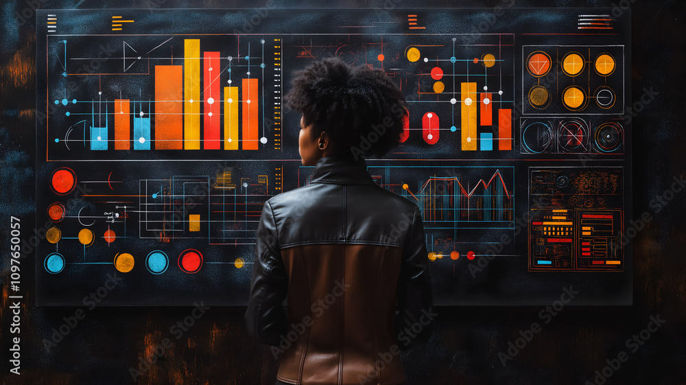 Poster a woman stands in front of a large monitor displaying a variety of graphs