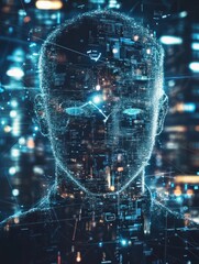 Obraz premium Hacker collects data about business people through neural networks. Web safety and cyberspace concept