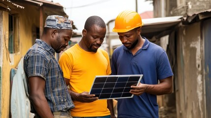 African technicians providing a solar energy guide for small homes in Lagos, Nigeria
