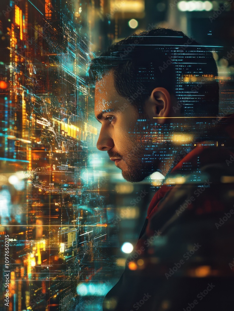 Poster hacker using computer with digital finance and data protection interface. protection concept. double