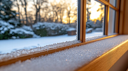Close-up view of condensation on a double-glazed window symbolizing moisture, cold, temperature contrast, and the boundary between comfort and external weather elements